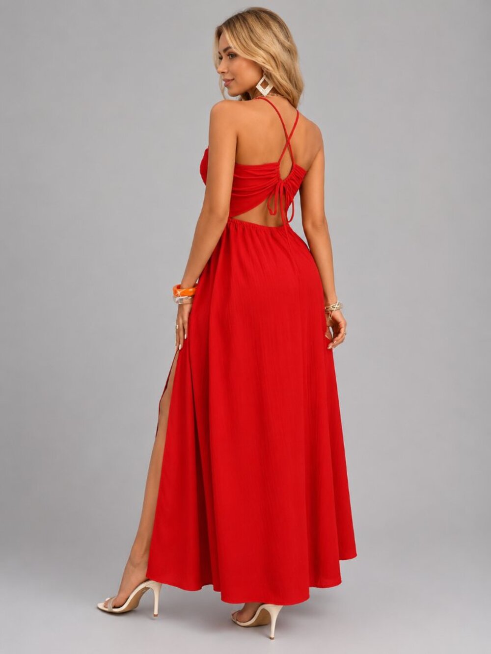 Women’s Red Halter Cutout Backless Crisscross Tie Side Slit Maxi Dress - Picture 2 of 4